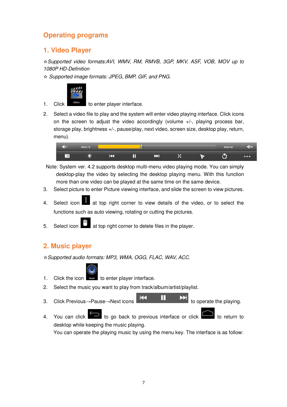 Operating programs 1. video player, Music player, Operating programs | Lenco TAB-1022 User Manual | Page 7 / 111