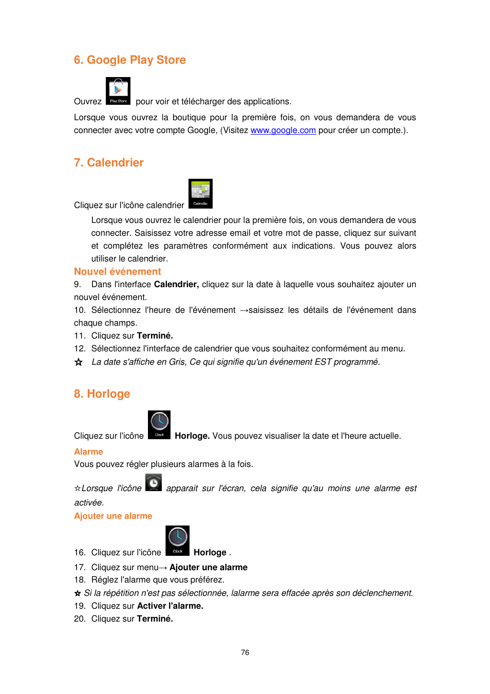 Google play store, Calendrier, Horloge | Lenco TAB-1022 User Manual | Page 76 / 111