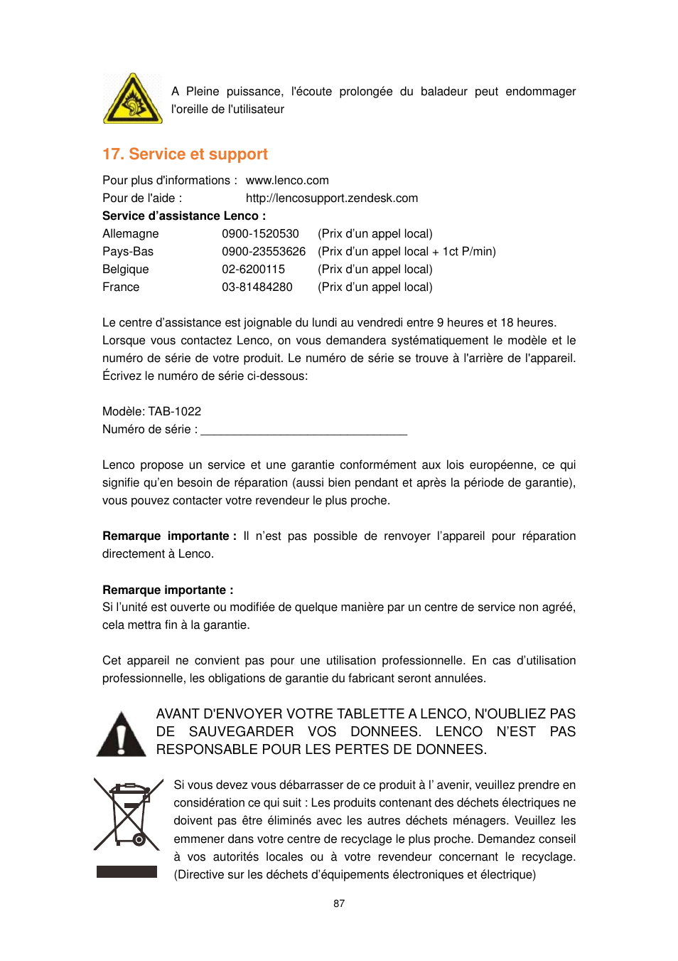 Service et support | Lenco TAB-1022 User Manual | Page 87 / 111