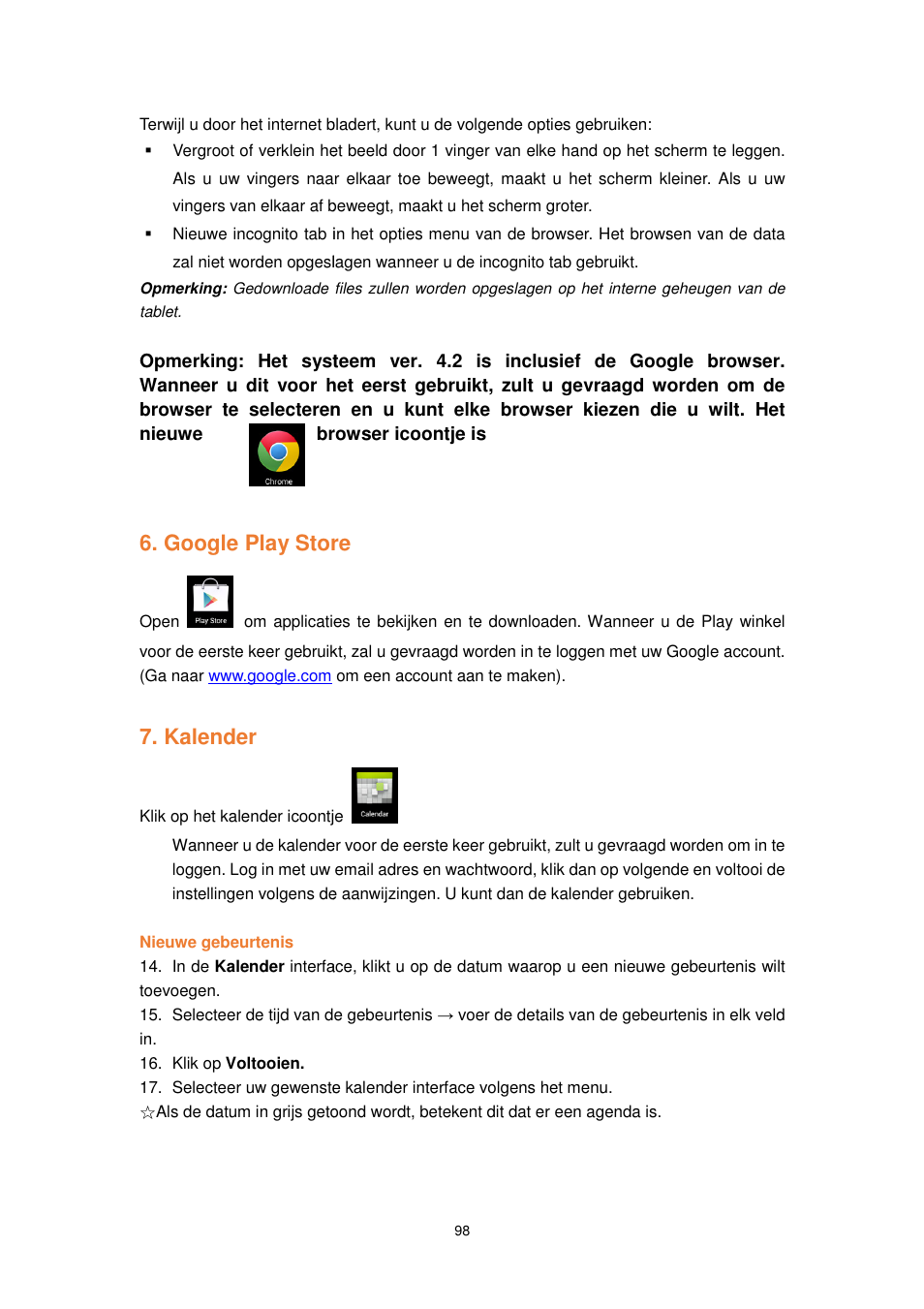 Google play store, Kalender | Lenco TAB-1022 User Manual | Page 98 / 111