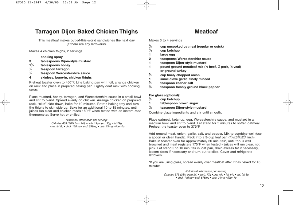 Tarragon dijon baked chicken thighs, Meatloaf | Cuisinart RTO-20C User Manual | Page 11 / 21