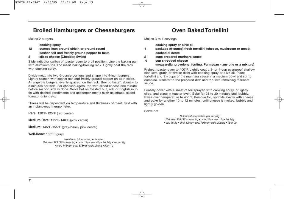 Broiled hamburgers or cheeseburgers, Oven baked tortellini | Cuisinart RTO-20C User Manual | Page 12 / 21