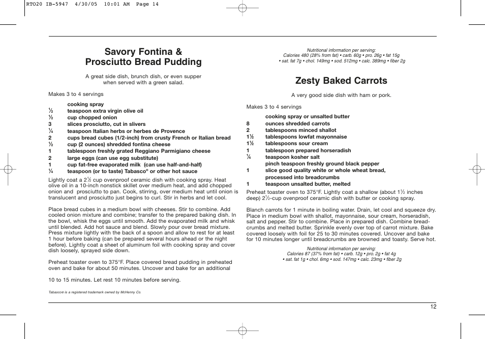 Savory fontina & prosciutto bread pudding, Zesty baked carrots | Cuisinart RTO-20C User Manual | Page 13 / 21