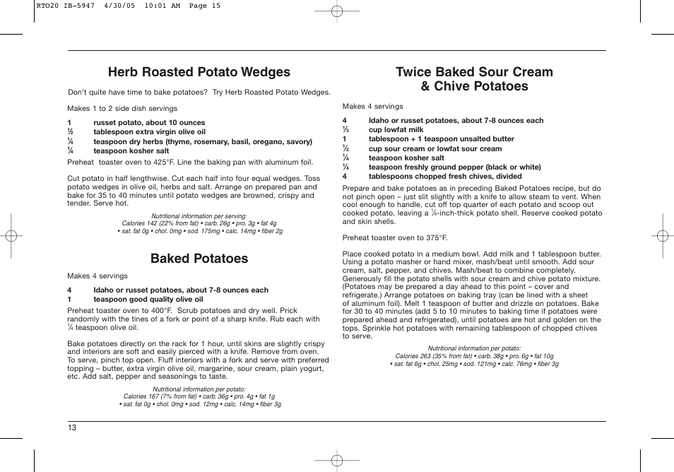 Herb roasted potato wedges, Baked potatoes, Twice baked sour cream & chive potatoes | Cuisinart RTO-20C User Manual | Page 14 / 21