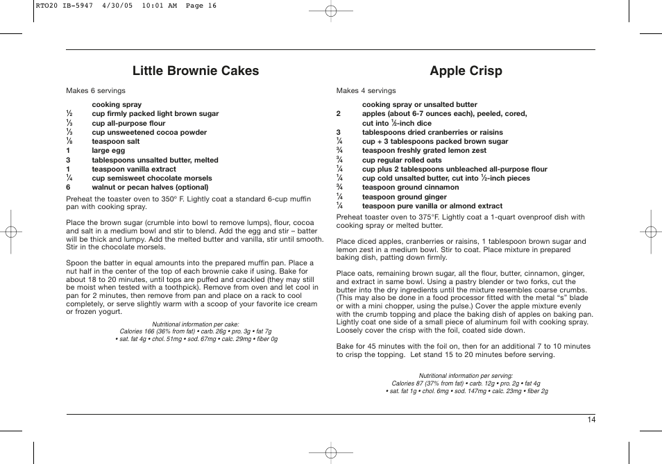 Little brownie cakes, Apple crisp | Cuisinart RTO-20C User Manual | Page 15 / 21