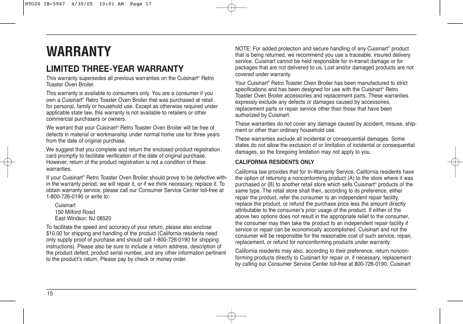 Warranty, Limited three-year warranty | Cuisinart RTO-20C User Manual | Page 16 / 21
