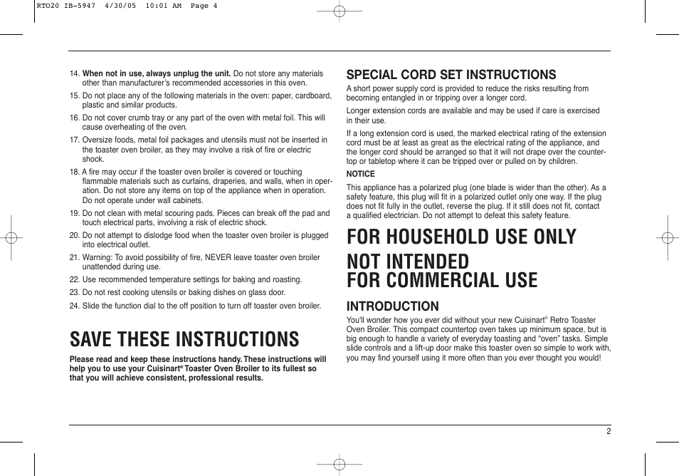Save these instructions, Special cord set instructions, Introduction | Cuisinart RTO-20C User Manual | Page 3 / 21