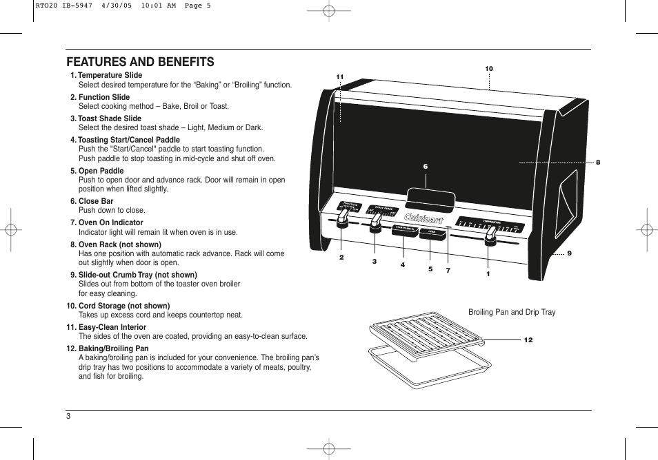 Features and benefits | Cuisinart RTO-20C User Manual | Page 4 / 21