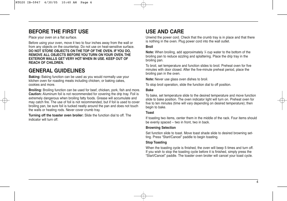 Before the first use, General guidelines, Use and care | Cuisinart RTO-20C User Manual | Page 5 / 21