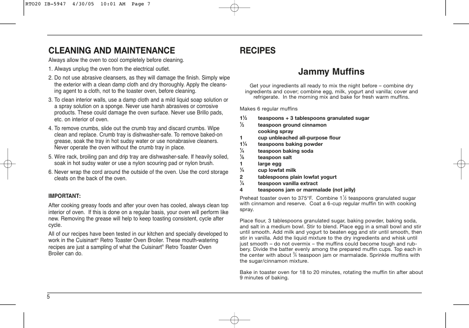 Cleaning and maintenance, Recipes jammy muffins | Cuisinart RTO-20C User Manual | Page 6 / 21