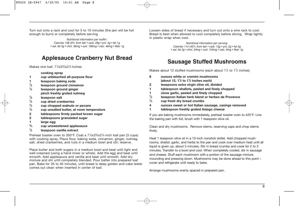 Applesauce cranberry nut bread, Sausage stuffed mushrooms | Cuisinart RTO-20C User Manual | Page 7 / 21