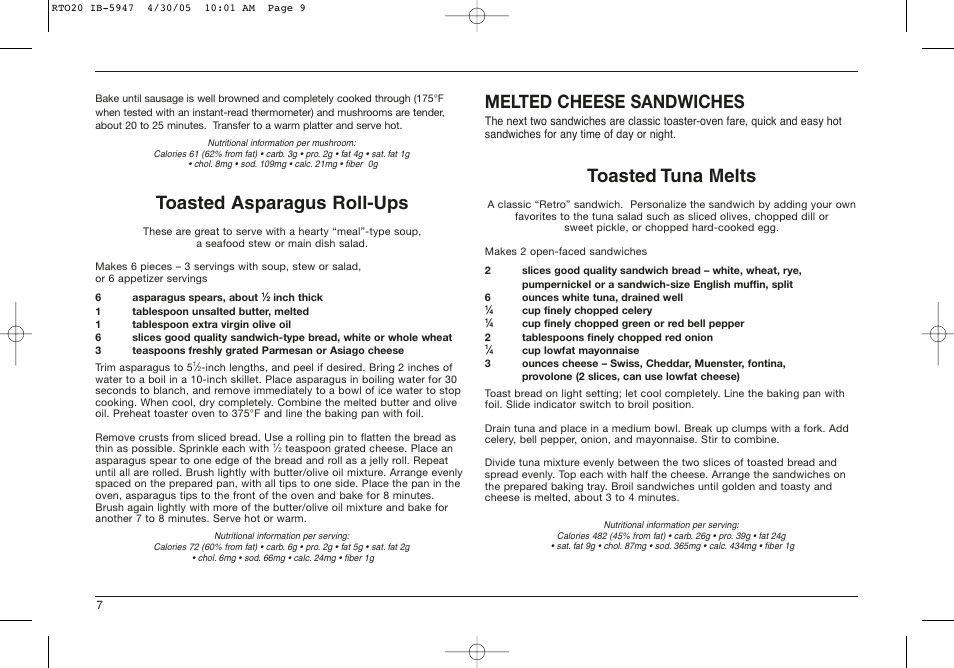Toasted asparagus roll-ups, Melted cheese sandwiches, Toasted tuna melts | Cuisinart RTO-20C User Manual | Page 8 / 21