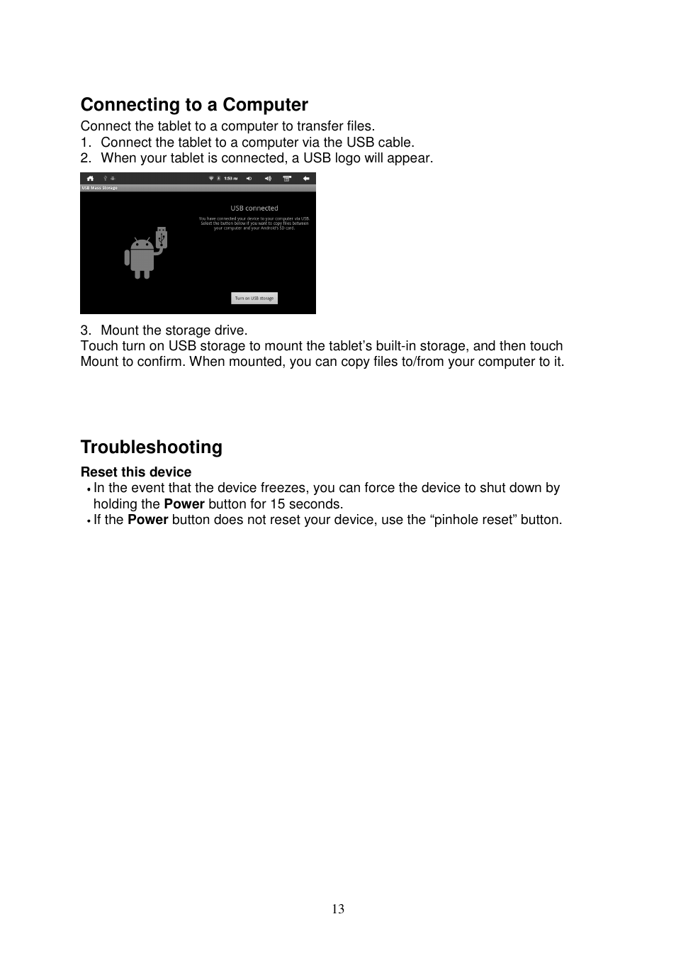 Connecting to a computer, Troubleshooting | Lenco TAB-702 User Manual | Page 13 / 15