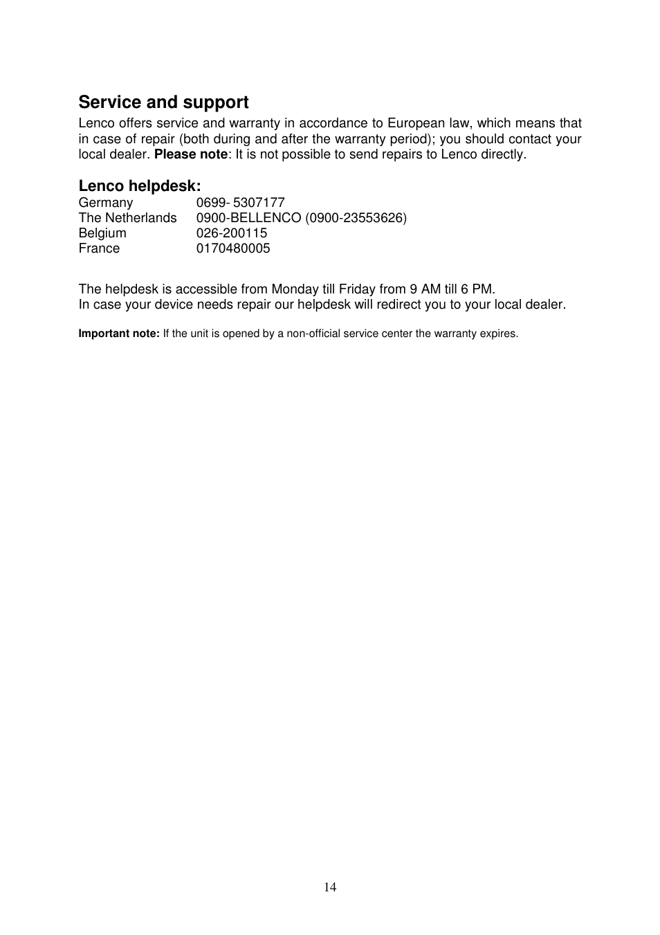 Service and support | Lenco TAB-702 User Manual | Page 14 / 15