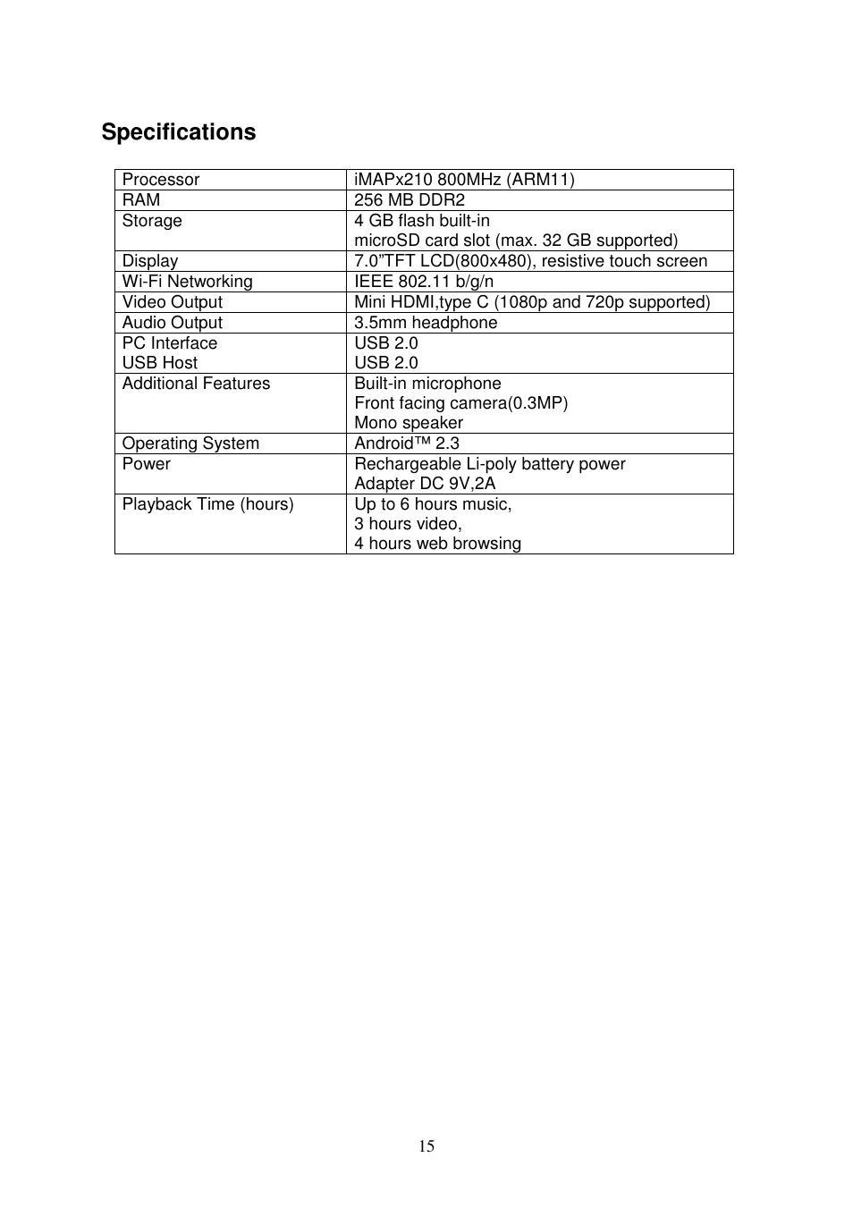 Specifications | Lenco TAB-702 User Manual | Page 15 / 15