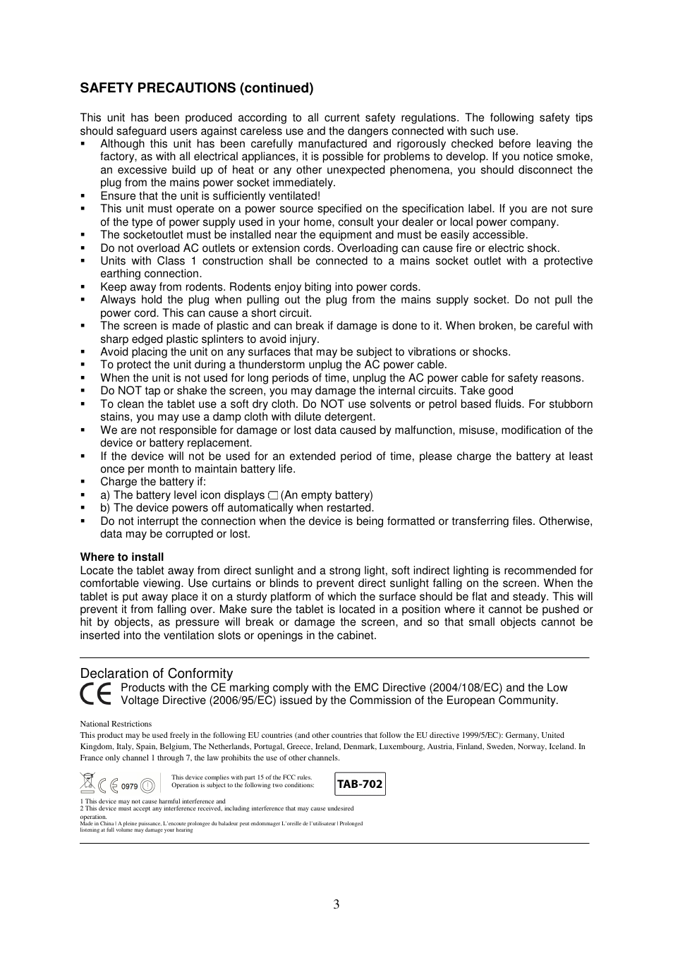 3 safety precautions (continued), Declaration of conformity | Lenco TAB-702 User Manual | Page 3 / 15