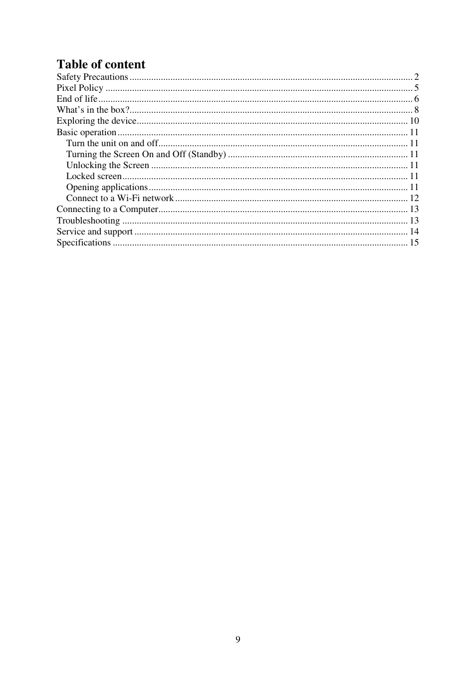 Table of content | Lenco TAB-702 User Manual | Page 9 / 15
