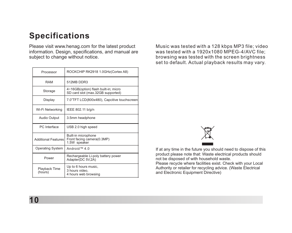 页 11, 10 specifications | Lenco TAB-711 User Manual | Page 11 / 55