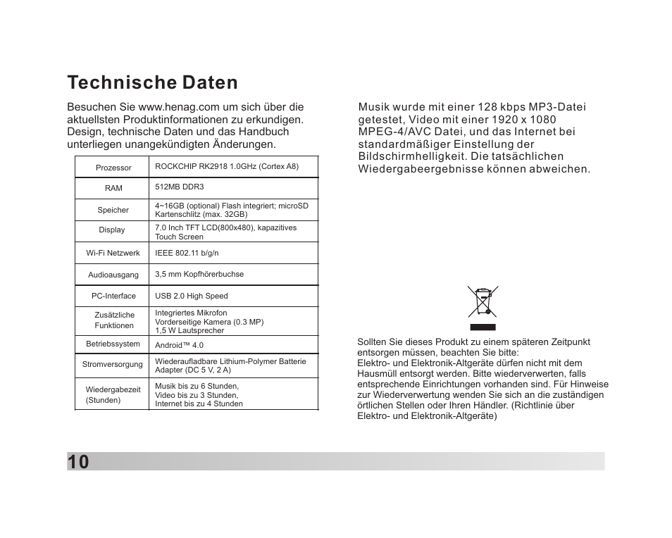 页 11, 10 technische daten | Lenco TAB-711 User Manual | Page 22 / 55