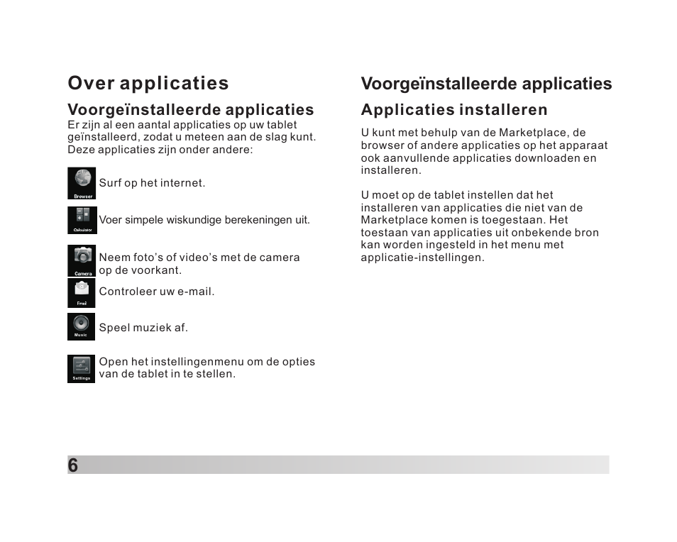 Over applicaties 6, Voorgeïnstalleerde applicaties, Applicaties installeren | Lenco TAB-711 User Manual | Page 29 / 55