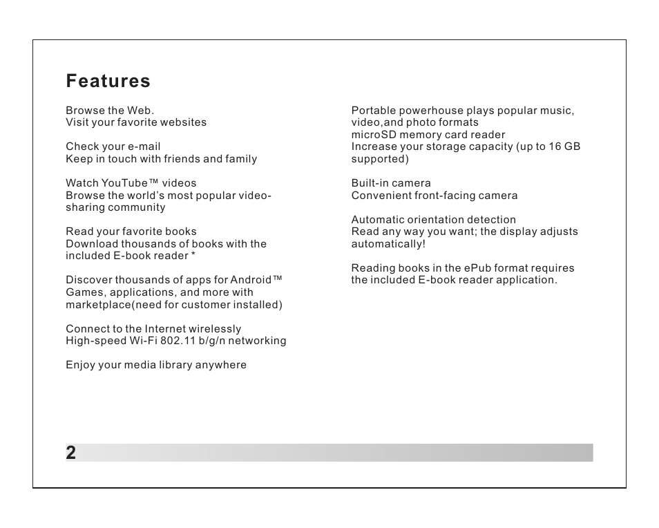 Features 2 | Lenco TAB-711 User Manual | Page 3 / 55