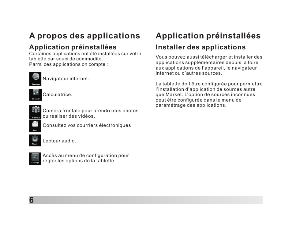 A propos des applications 6, Application préinstallées, Installer des applications | Lenco TAB-711 User Manual | Page 40 / 55