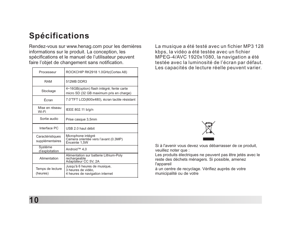 页 11, 10 spécifications | Lenco TAB-711 User Manual | Page 44 / 55