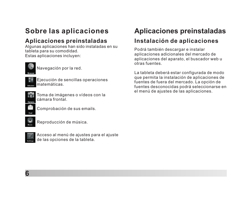 Sobre las aplicaciones 6, Aplicaciones preinstaladas, Instalación de aplicaciones | Lenco TAB-711 User Manual | Page 51 / 55