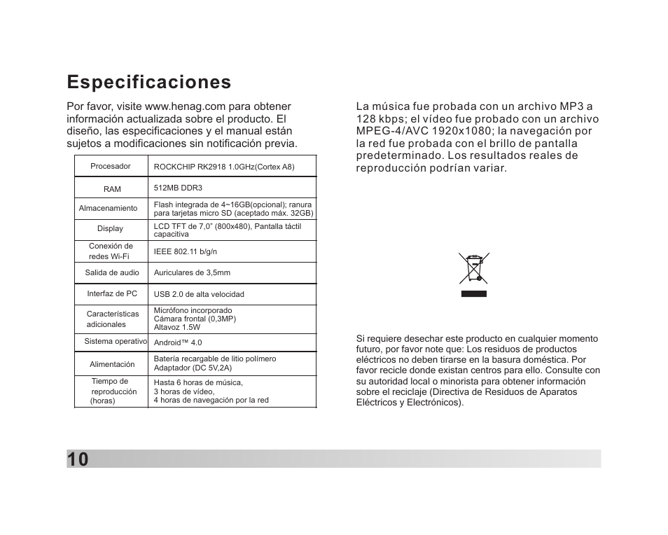 页 11, 10 especificaciones | Lenco TAB-711 User Manual | Page 55 / 55