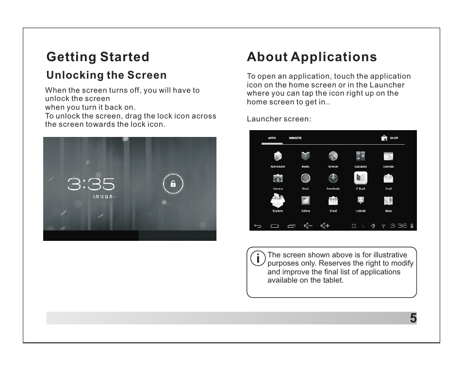 Getting started 5, About applications | Lenco TAB-711 User Manual | Page 6 / 55