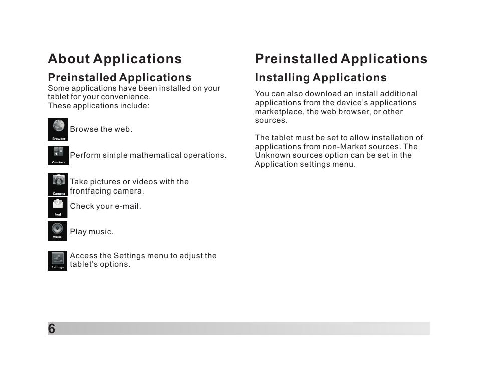 About applications 6, Preinstalled applications, Installing applications | Lenco TAB-711 User Manual | Page 7 / 55