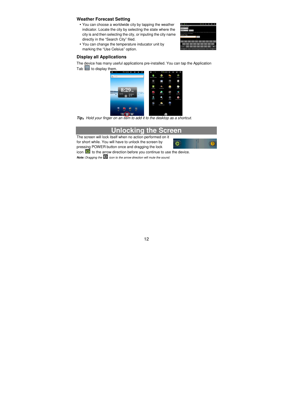 Unlocking the screen | Lenco TAB-811 User Manual | Page 12 / 37