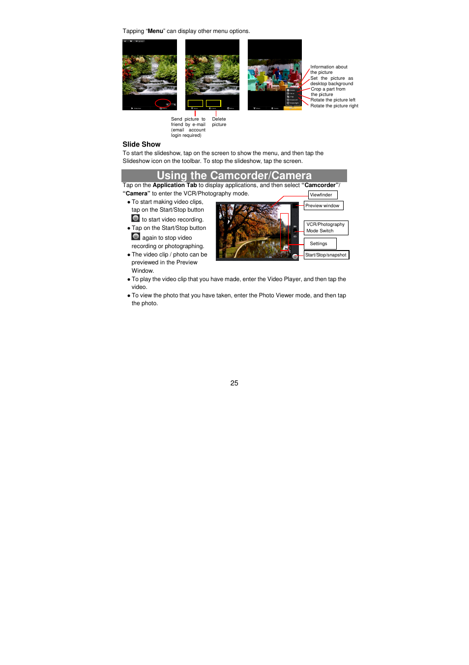 Using the camcorder/camera | Lenco TAB-811 User Manual | Page 25 / 37