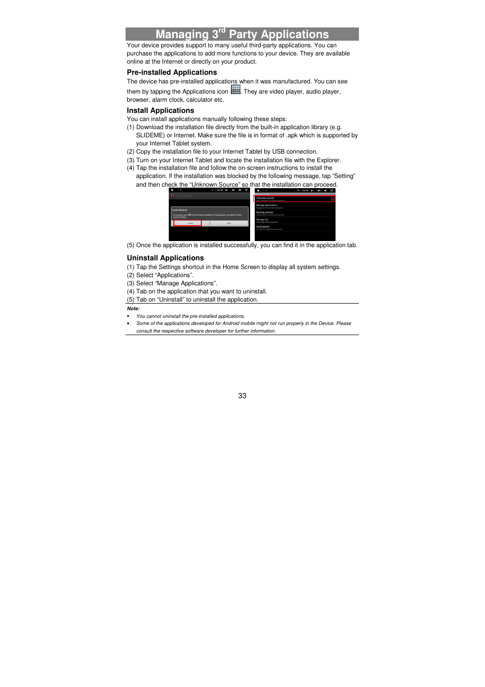 Managing 3, Party applications | Lenco TAB-811 User Manual | Page 33 / 37