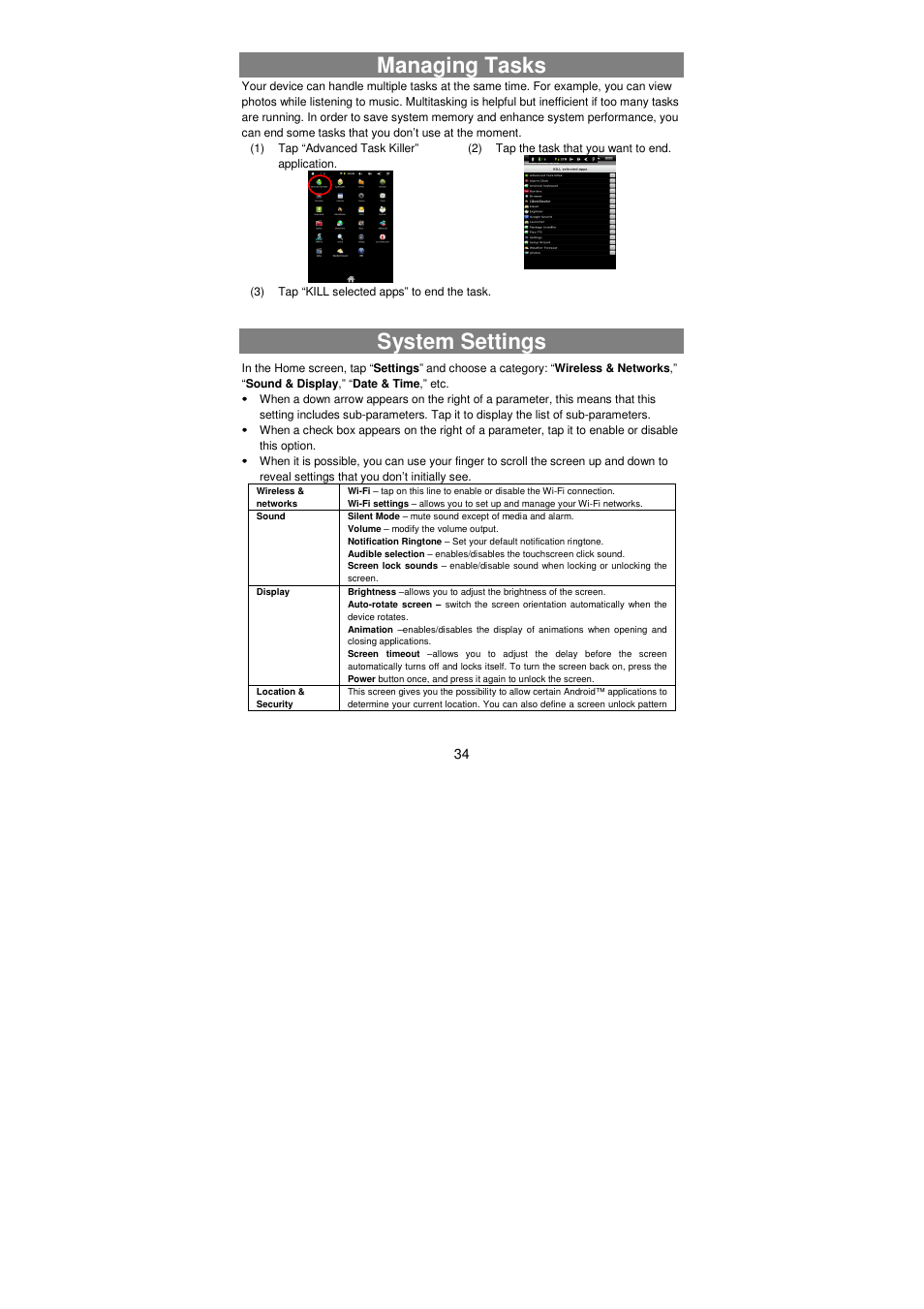 Managing tasks, System settings | Lenco TAB-811 User Manual | Page 34 / 37