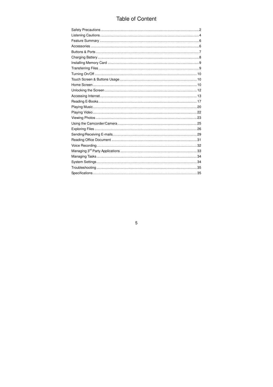 Table of content | Lenco TAB-811 User Manual | Page 5 / 37