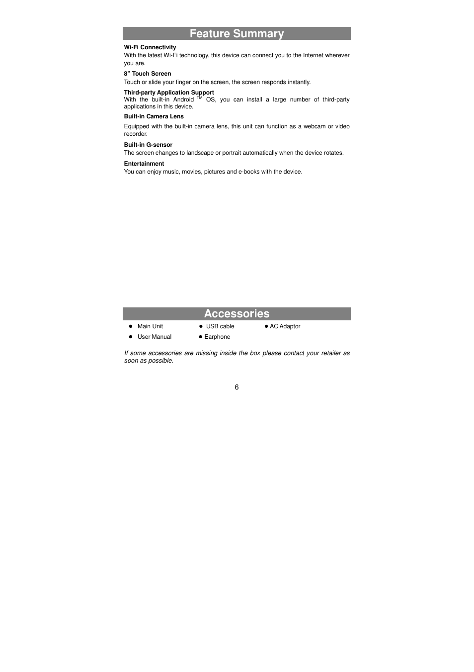 Feature summary, Accessories | Lenco TAB-811 User Manual | Page 6 / 37
