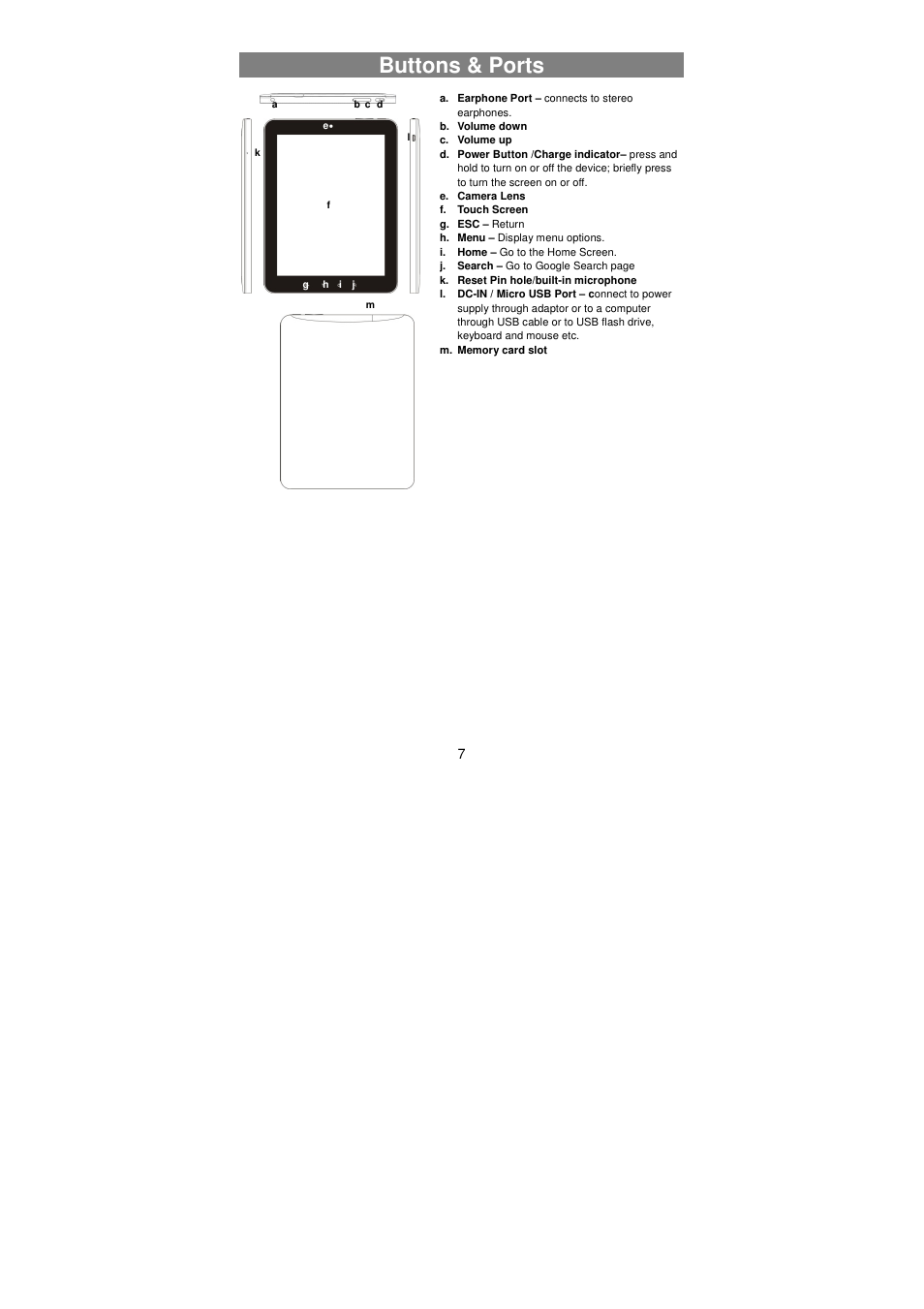 Buttons & ports | Lenco TAB-811 User Manual | Page 7 / 37