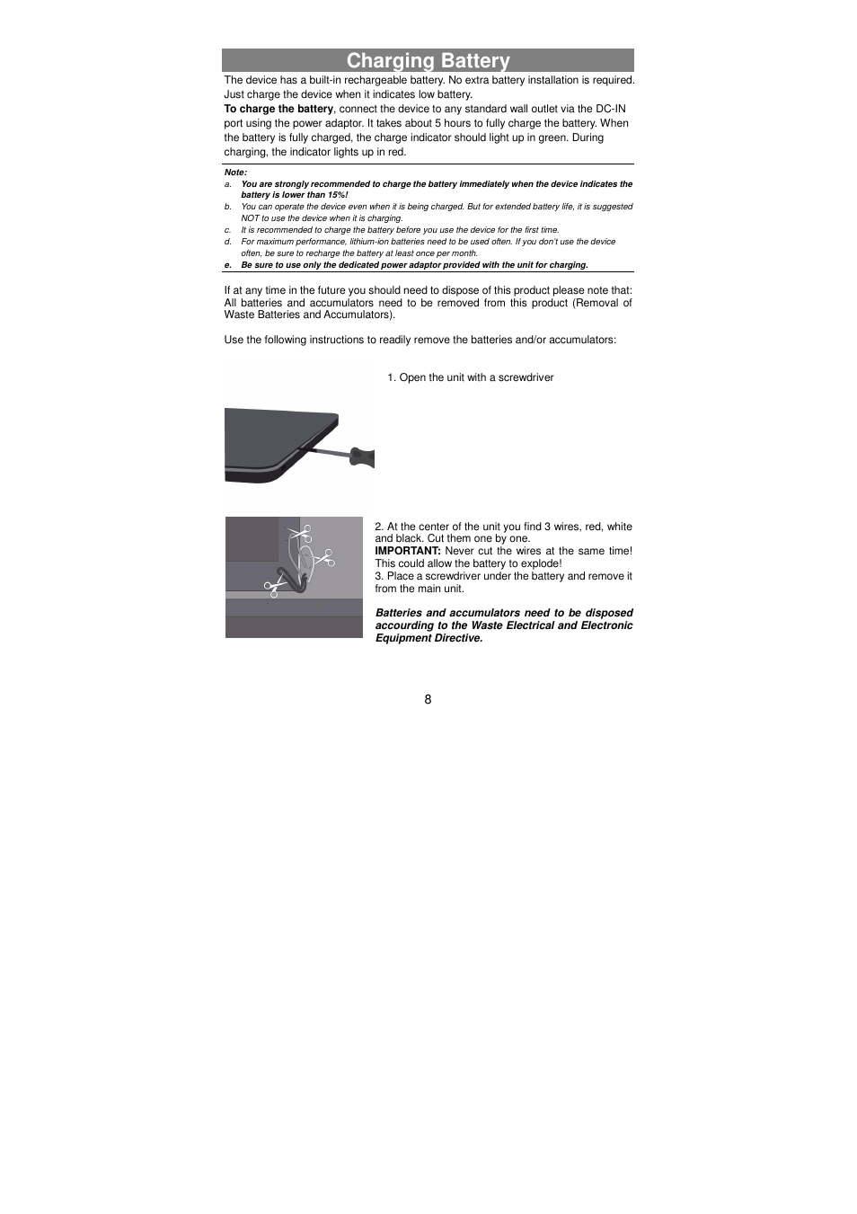 Charging battery | Lenco TAB-811 User Manual | Page 8 / 37