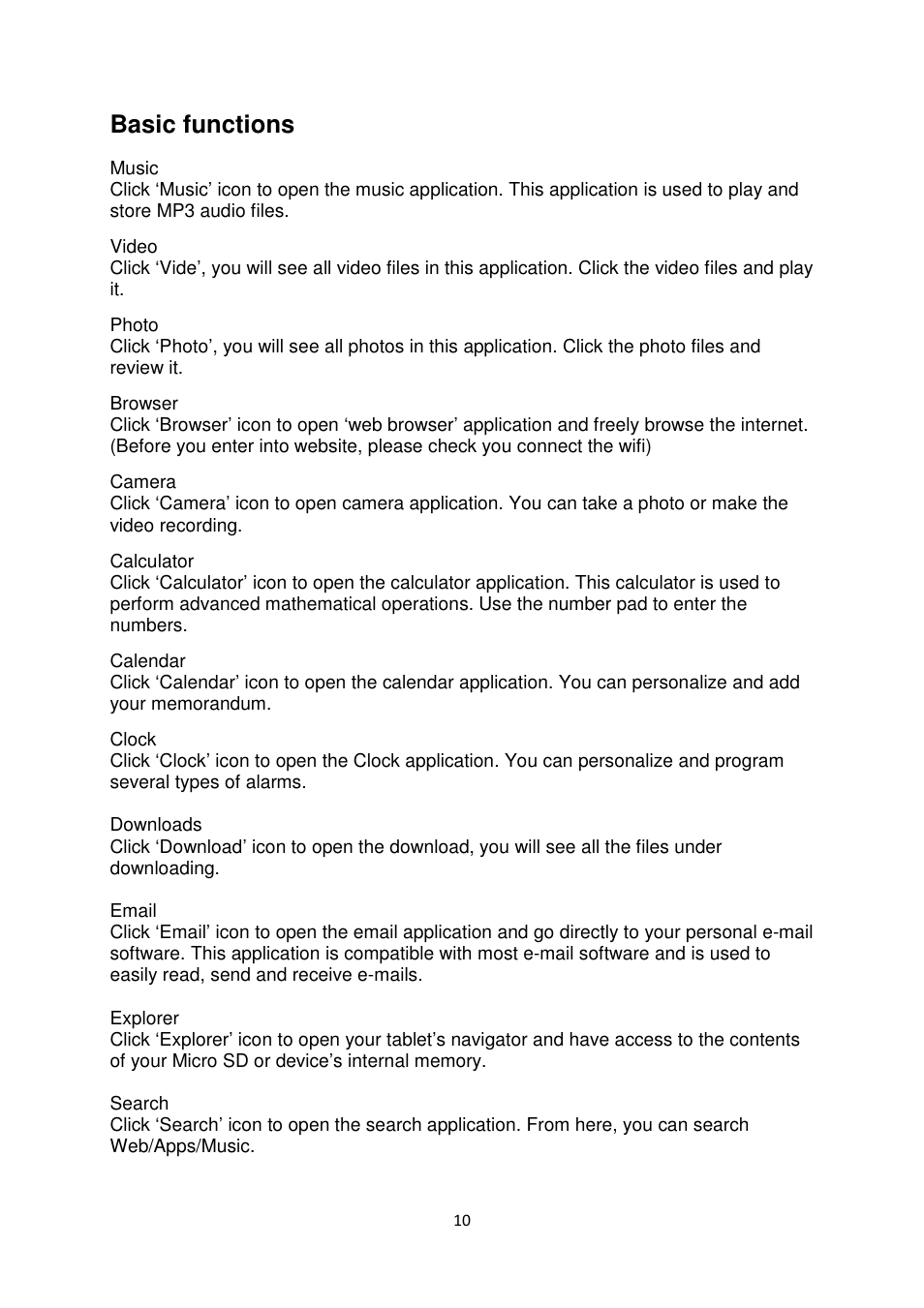 Basic functions | Lenco TAB-831 User Manual | Page 10 / 15