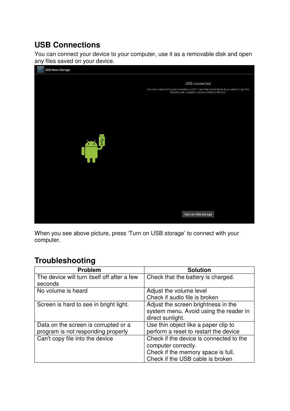 Usb connections, Troubleshooting | Lenco TAB-831 User Manual | Page 12 / 15