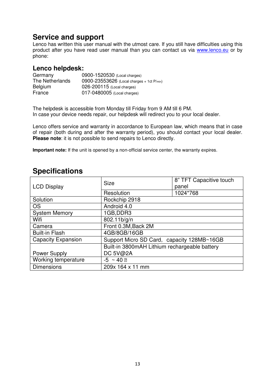 Service and support, Specifications, Lenco helpdesk | Lenco TAB-831 User Manual | Page 13 / 15