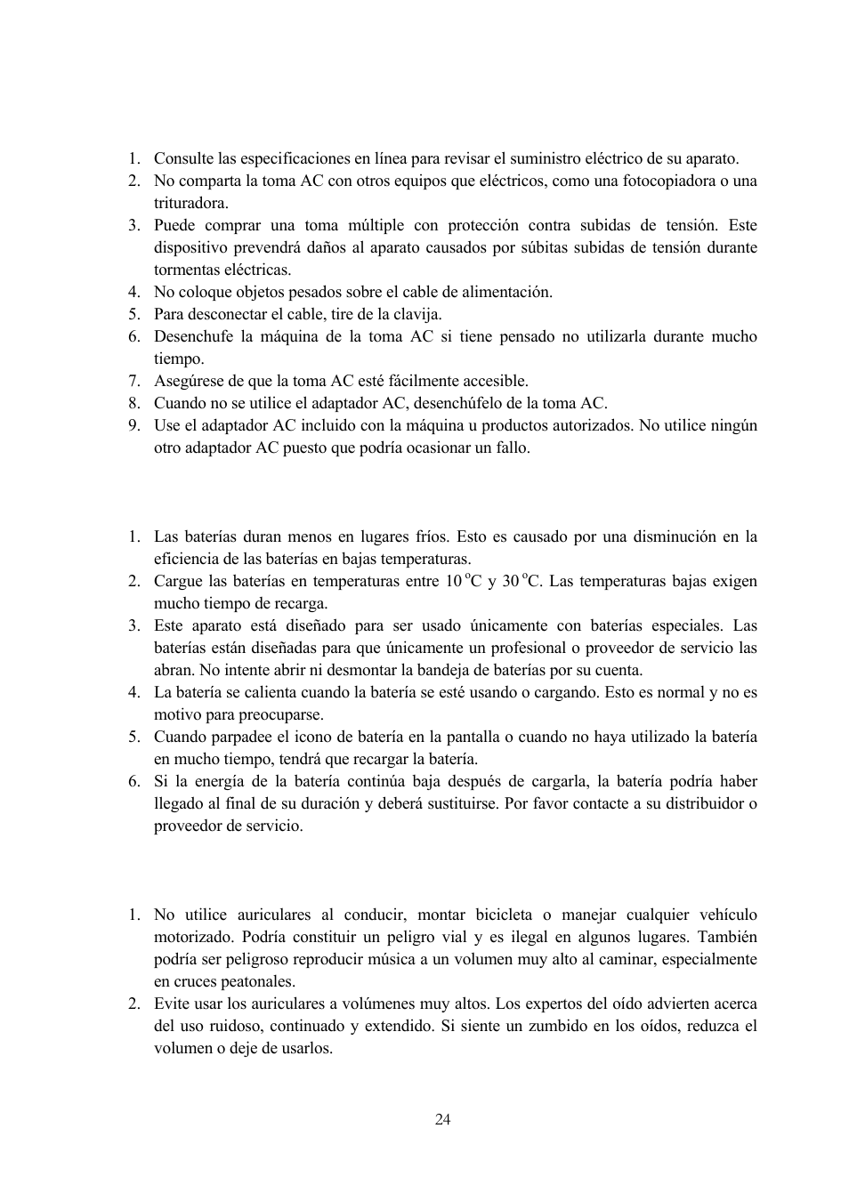 4 precauciones de suministro eléctrico, 5 cuidado de la batería, 6 acerca del uso de auriculares | Recauciones de suministro eléctrico, Uidado de la batería, Cerca del uso de auriculares | Lenco TFT-1020 User Manual | Page 122 / 157