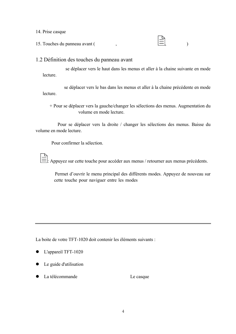 2 définition des touches du panneau avant, 1 liste de contrôle, Efinition des touches du panneau avant | Introduction, Liste de controle | Lenco TFT-1020 User Manual | Page 70 / 157