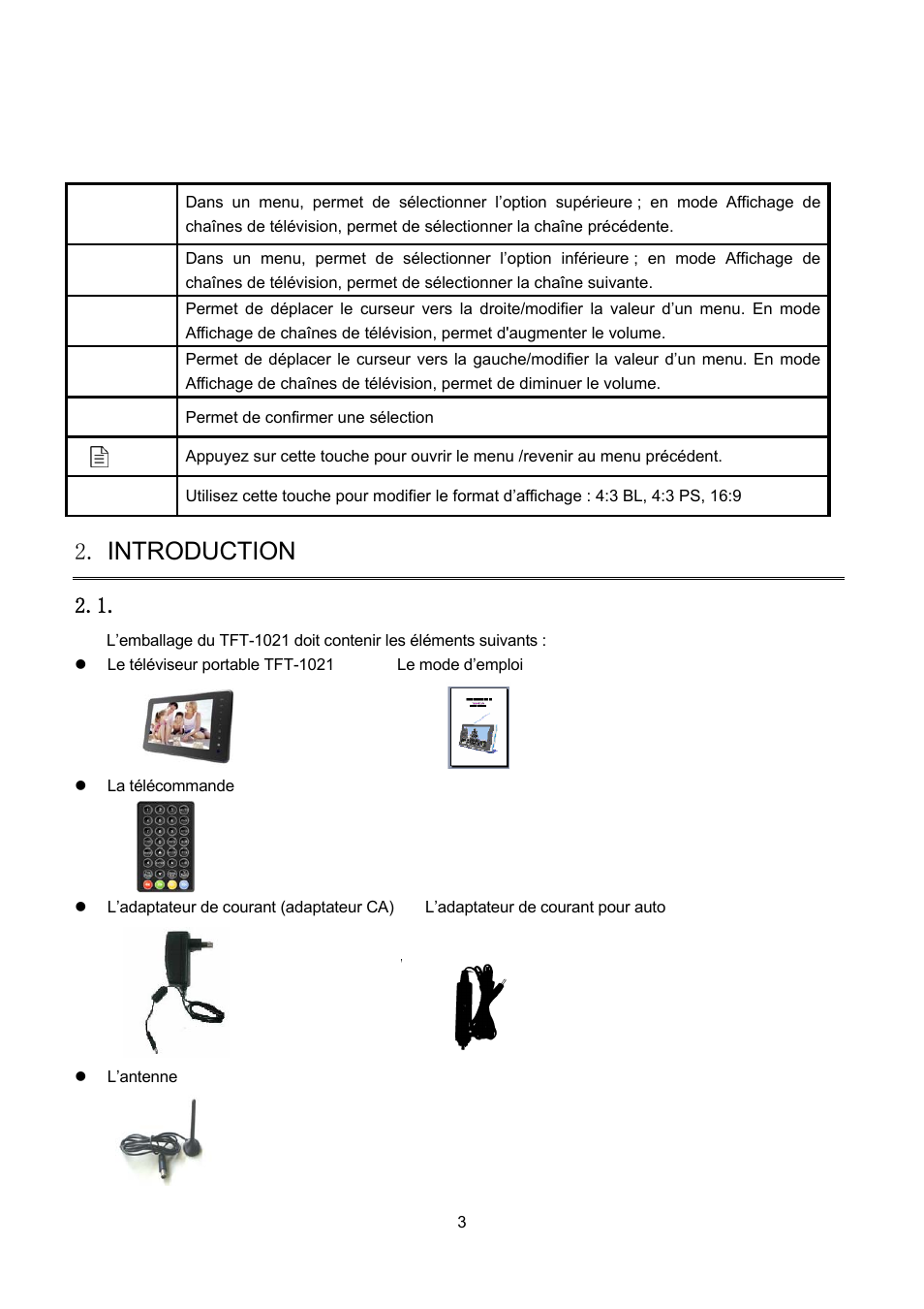 Vérification du contenu de la boîte, Introduction, Erification du contenu de la boite | Présentation des commandes | Lenco TFT-1021 User Manual | Page 110 / 171