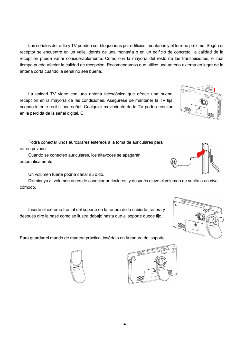 Sobre la transmisión, Antena, Conectar unos auriculares | Instalar el soporte, Obre la transmisión, Ntena, Onectar unos auriculares, Nstalar el soporte | Lenco TFT-1021 User Manual | Page 146 / 171