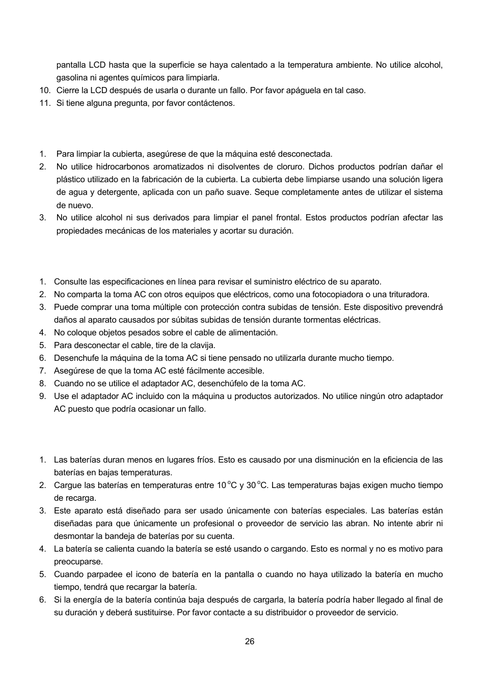 3 recomendaciones de limpieza, 4 cuidado del suministro eléctrico, 5 cuidado de la batería | Ecomendaciones de limpieza, Uidado del suministro eléctrico, Uidado de la batería | Lenco TFT-1021 User Manual | Page 168 / 171