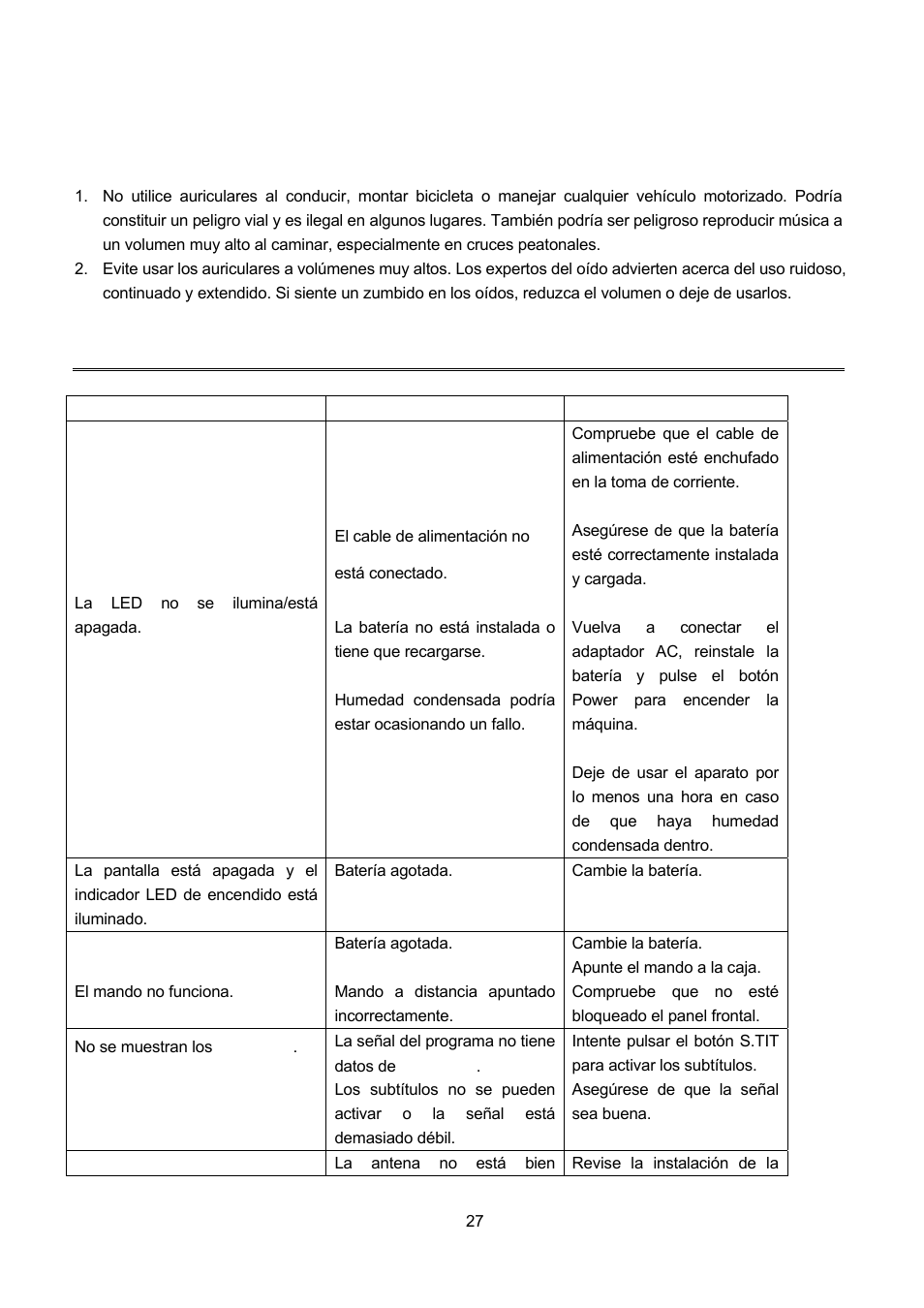 6 acerca del uso de auriculares, Problemas y soluciones, Cerca del uso de auriculares | Lenco TFT-1021 User Manual | Page 169 / 171