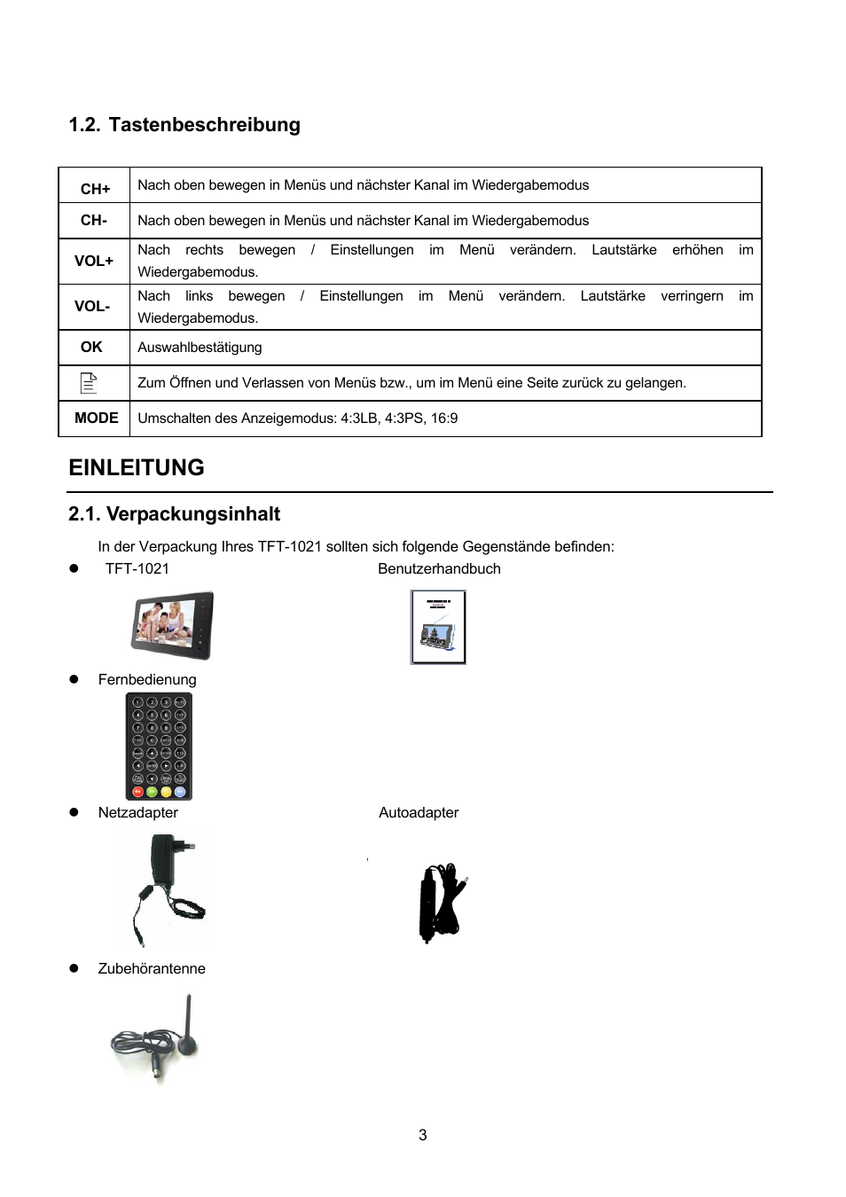 Einleitung, Tastenbeschreibung, Verpackungsinhalt | Lenco TFT-1021 User Manual | Page 41 / 171