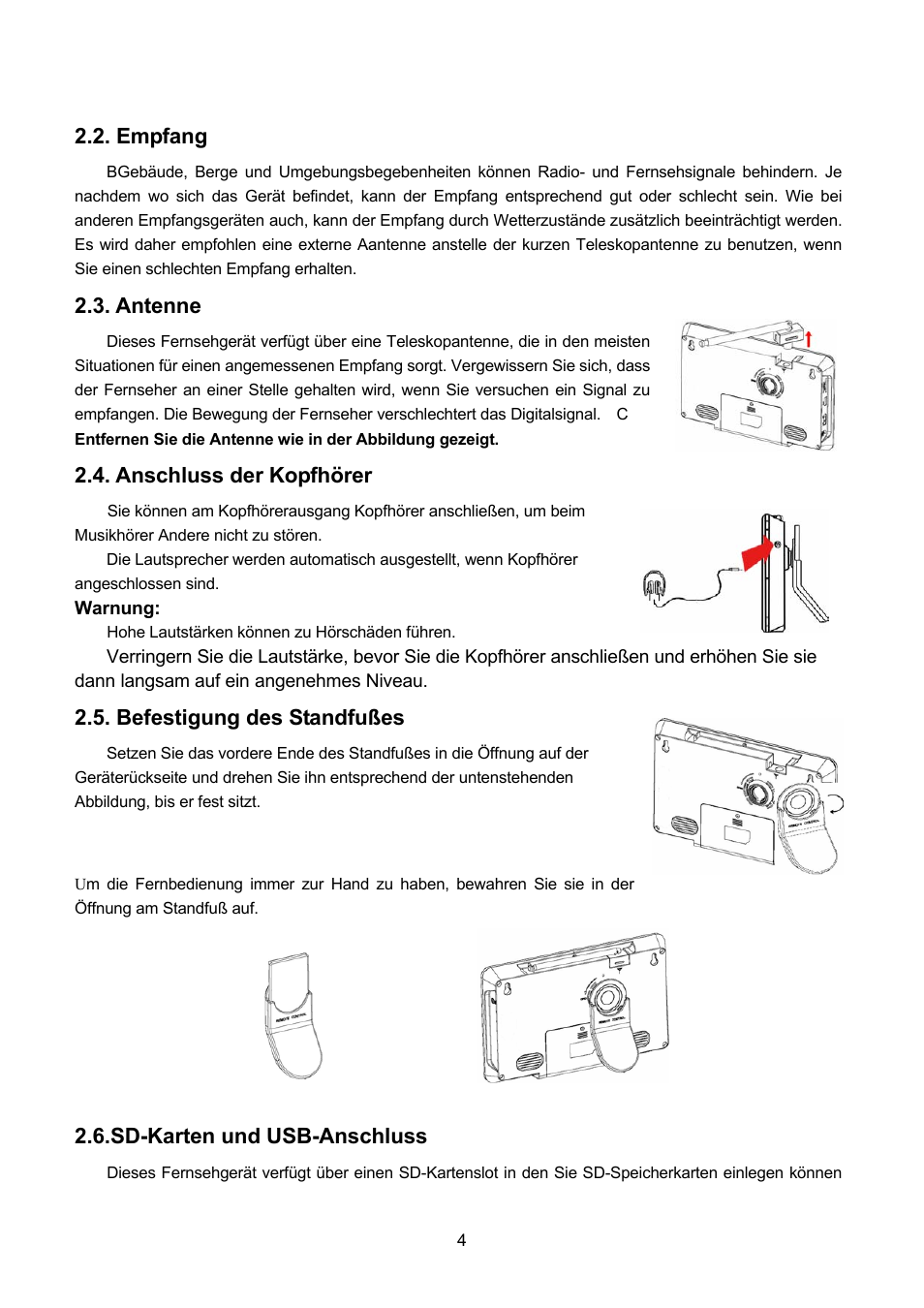 Empfang, Antenne, Anschluss der kopfhörer | Befestigung des standfußes, Sd-karten und usb-anschluss | Lenco TFT-1021 User Manual | Page 42 / 171